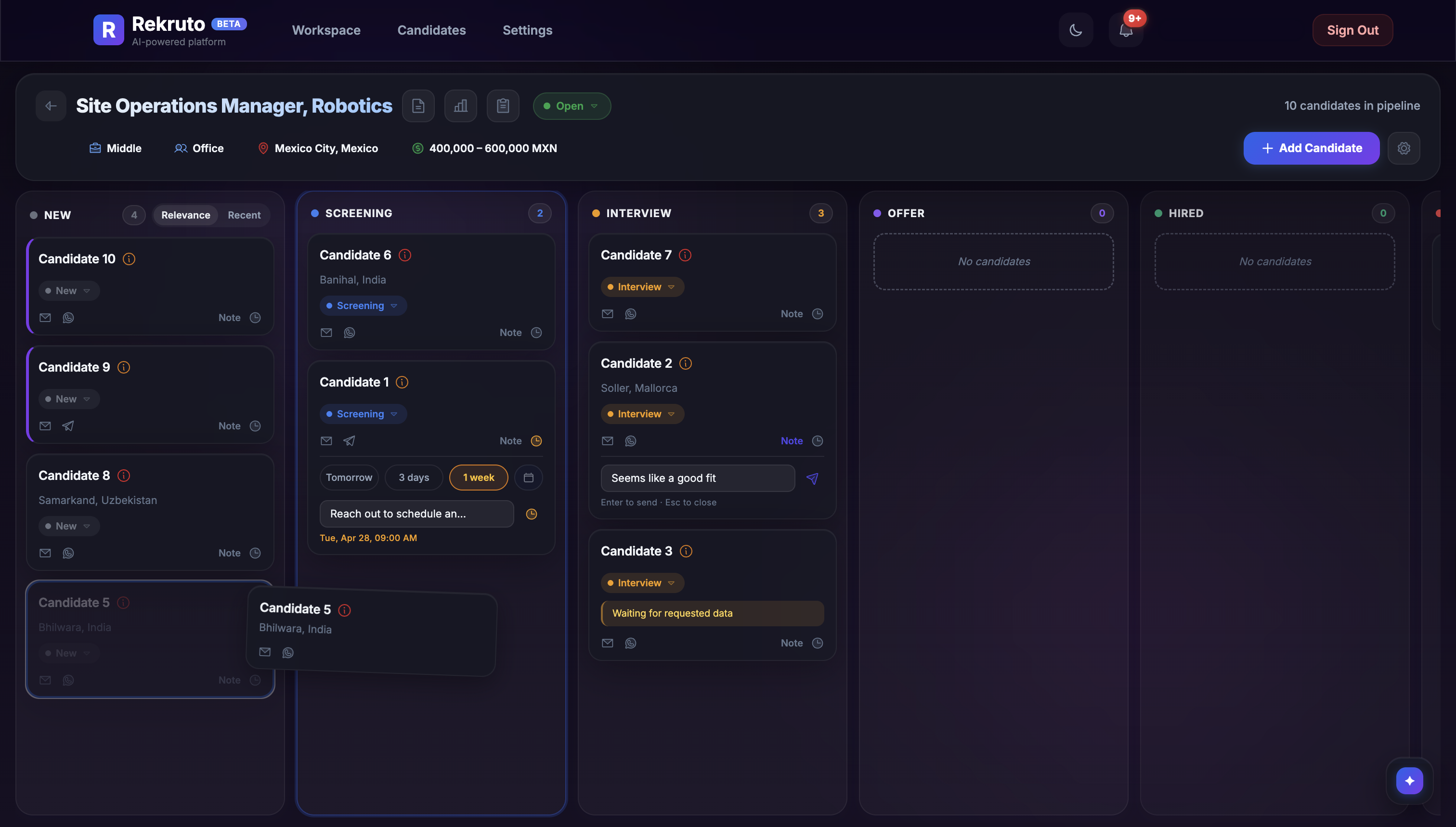 Rekruto pipeline — kanban view with candidates across stages (dark theme)