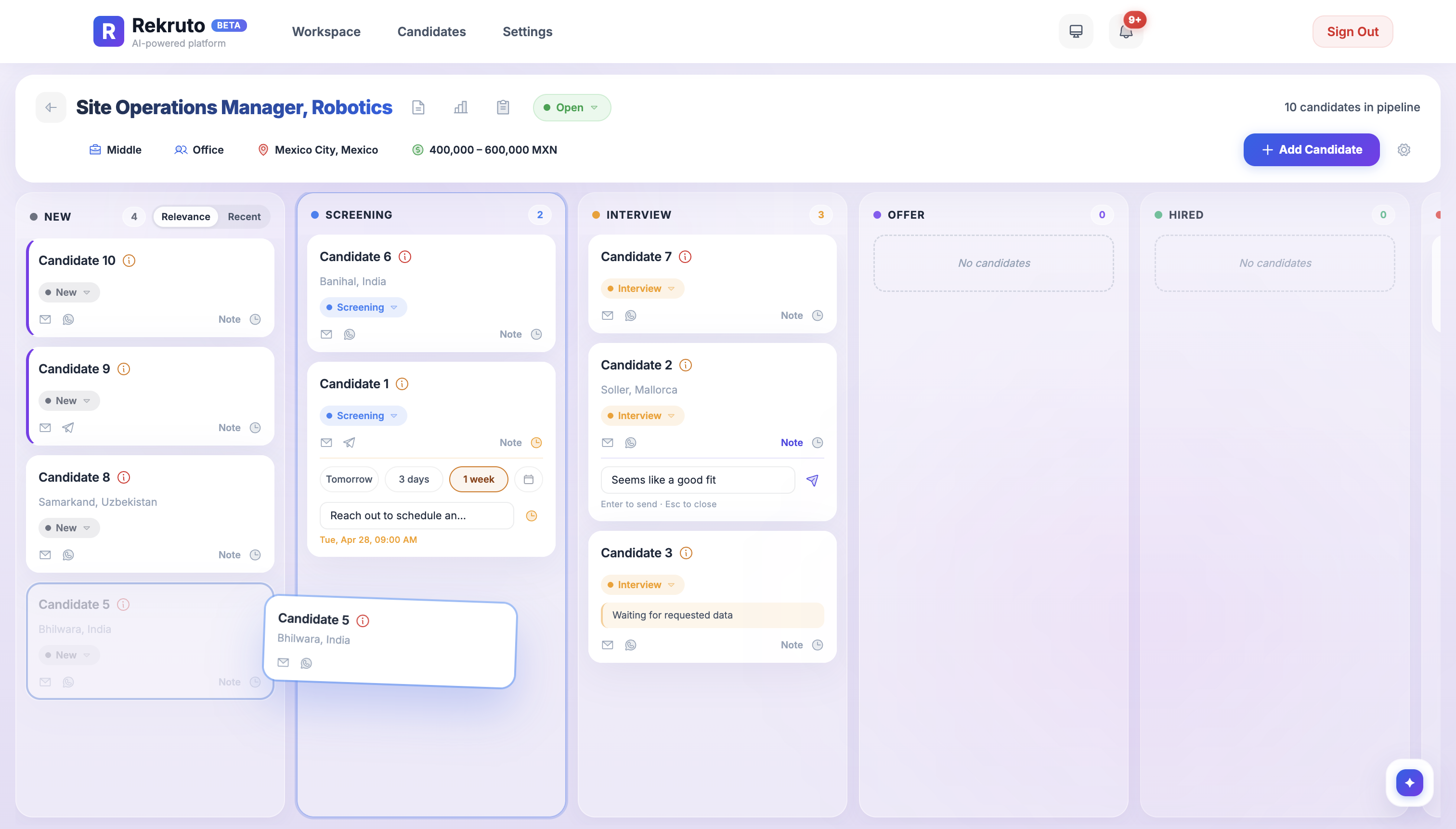 Rekruto pipeline — kanban view with candidates across stages